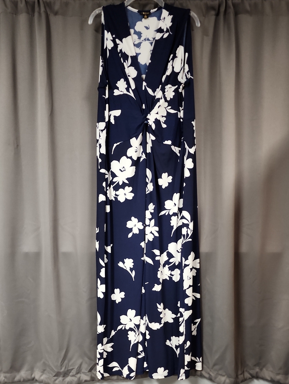 IMAN Navy and White Floral Twist-Front Maxi